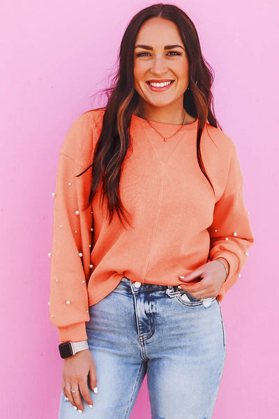 Women‚Äôs Blossom Pullover Sweatshirt with Pearled Sleeves, Drop Shoulder, and Round Neck Casual Chic in Soft Pink