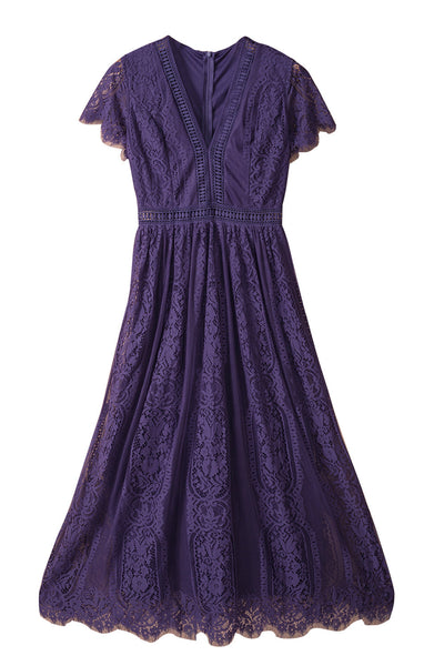 Women's Floral Crochet Lace V-Neck Midi Dress with Bell Sleeves