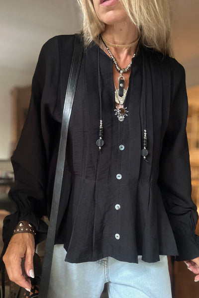 Chic Women's Black Pintuck Blouse with Button Front and Ruffled Sleeves - Relaxed Fit for Effortless Elegance