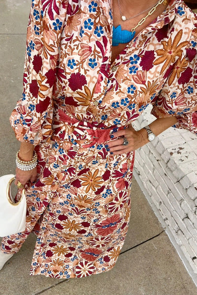 Elegant Women's Red Floral Button-Down Dress with Puffy Sleeves and Shirt Collar for Chic Summer Outfits