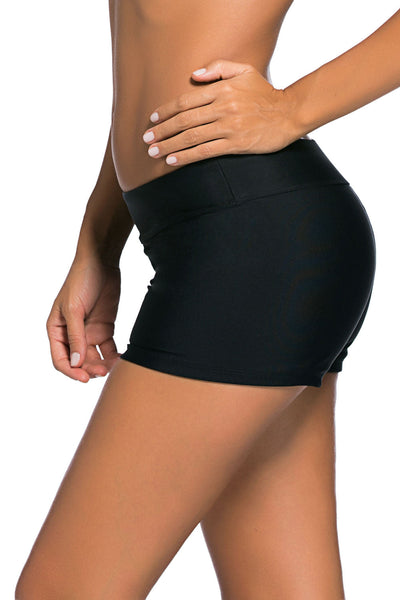 Wide Waistband Black Swim Shorts for Women