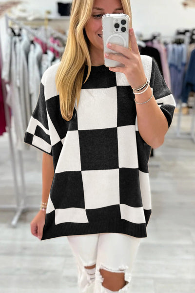 Cozy Chic Black Checkered Sweater for Women - Loose-Fit, Half Sleeve, Drop Shoulder, Perfect for Casual Outings