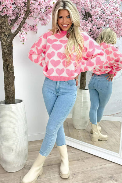 Women's Strawberry Pink Heart Print Knit Sweater | Drop Shoulder Top