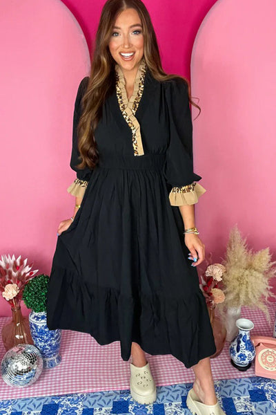 Elegant Women's Black Flowy Midi Dress with V-Neck, 3/4 Ruffled Sleeves, and Frilled Trim for Effortless Chic Style