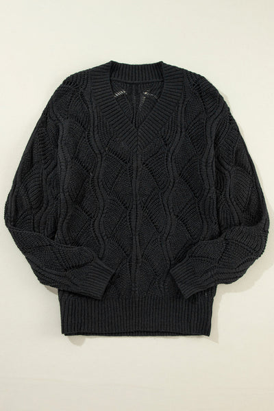 Elegant Women's Black V-Neck Sweater with Hollow Out Design and Drop Shoulders - Cozy Knit Top for Casual Style