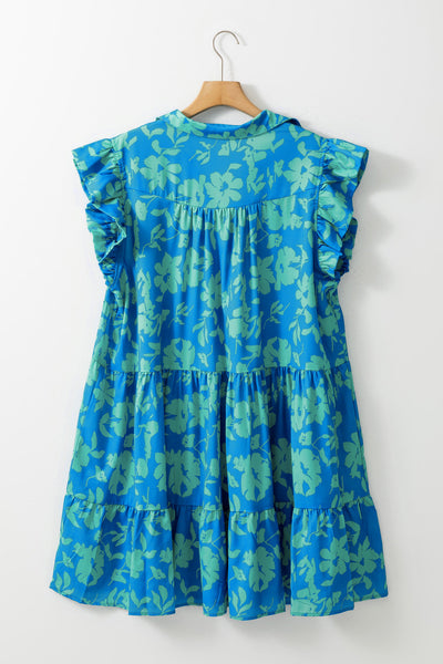 Sky Blue Floral Print Plus Size Flutter Sleeve Mini Dress with Button Detail
