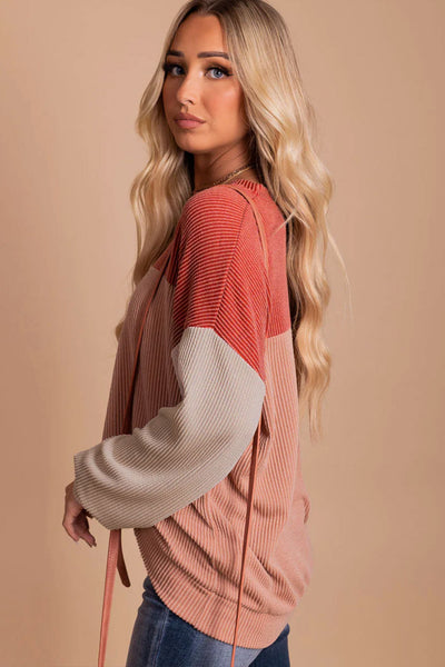 Women's Casual Fiery Red Color Block Long Sleeve Ribbed Top - Comfortable Loose Fit for Effortless Everyday Style