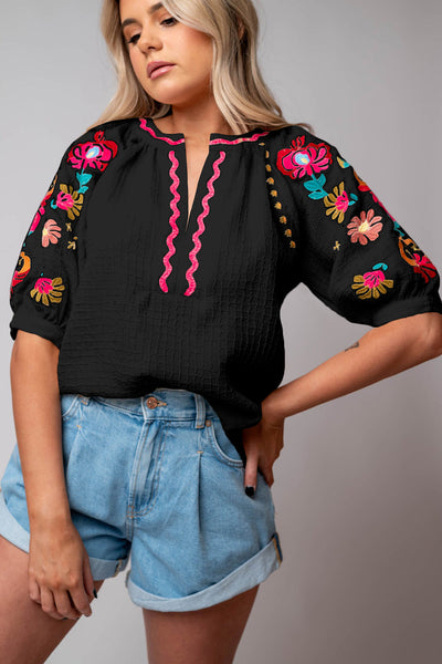 Chic Women's Black Floral Embroidered Puff Sleeve Blouse with Textured Fabric - Elegant Top for Any Occasion