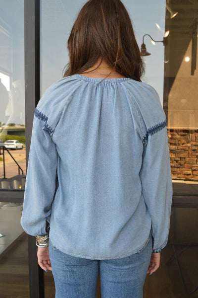 Chic Women's Beau Blue Chambray Button-Down Shirt with V-Neck, Long Sleeves, and Stylish Stitched Detail
