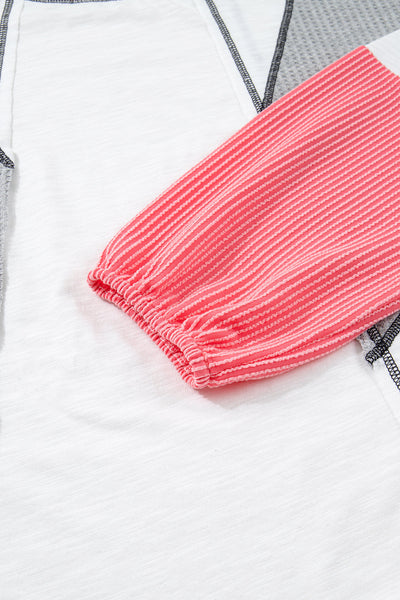 Women's Casual White Textured Knit Top with Stylish Contrast Block Design and Patchwork for Effortless Everyday Chic