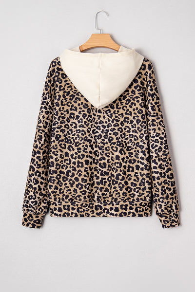 Women's Leopard Print Waffle Knit Hoodie with Kangaroo Pocket