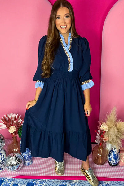 Elegant Women's Navy Blue Flowy Midi Dress with Ruffled 3/4 Sleeves and Stylish Contrast Frill for Casual Chic Look