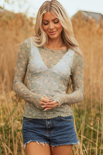 Women's Lightweight Floral Mesh Long Sleeve Top - Chic Spring/Summer Style for Effortless Casual Outfits