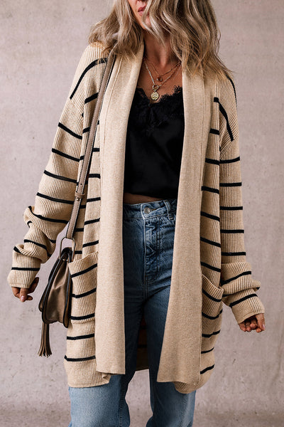 Chic Women's Black Stripe Open Cardigan with Shawl Neckline and Pockets - Cozy Layering Essential for Every Occasion