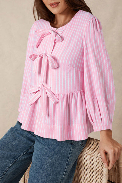 Trendy Women's Pink Striped Puff Sleeve Blouse with Bowknot Detail - Chic Crew Neck Top for Stylish Casual Looks