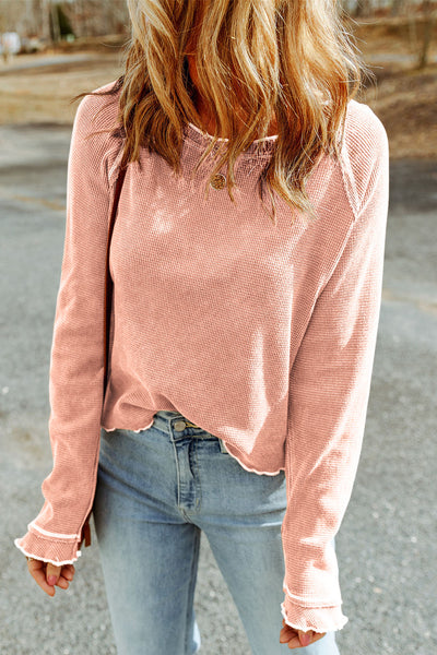 Women's Apricot Pink Textured Long Sleeve Blouse - Casual Round Neck Top for Everyday Comfort and Effortless Style