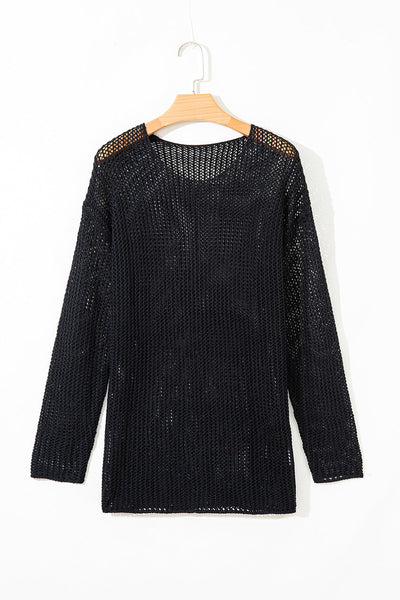 Cozy Women's Black Crochet Pullover Sweater - Stylish Openwork Knit for Effortless Chic Look and Comfort