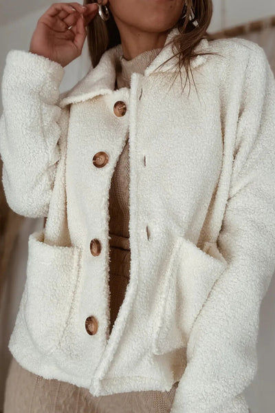 Stylish Women's Cozy Beige Sherpa Jacket with Collar, Button Closure - Perfect Warm Layer for Fall and Winter Fashion
