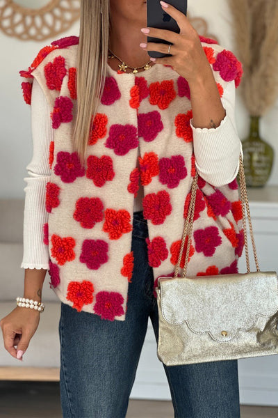 Chic Women's Racing Red Plush Open Front Vest with Floral Embellishments - Perfect Layering Piece for Effortless Style