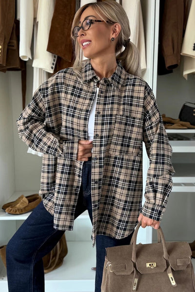 Women's Plaid Tunic Shacket in Parchment - Trendy Layering Top for Fall with Comfortable Fit and Versatile Style