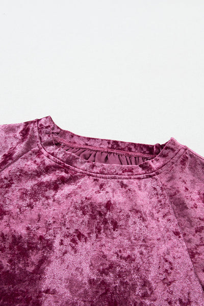 Elegant Red Dahlia Velvet Crew Neck Top with Pagoda Sleeves for Women - Chic, Stylish Fit for Any Occasion