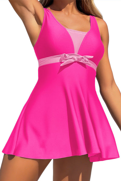 Women's Rose Red A-Line Swim Dress with Contrast Bow Detail