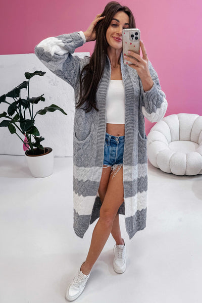 Cozy Women's Gray Color Block Long Cardigan with Side Pockets - Stylish Open Front for Effortless Casual Wear
