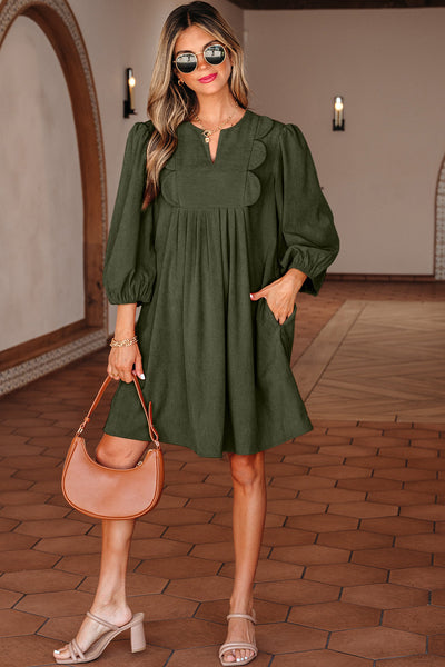 Moss Green Pleated Mini Dress for Women with Scallop Detail and Bracelet Sleeves - Stylish Split Neck Design