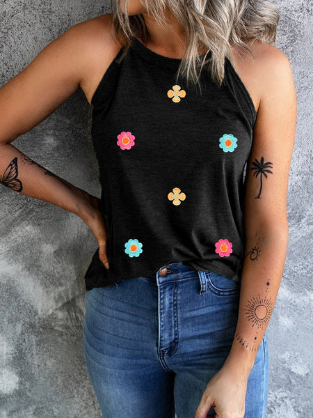 Floral Embroidered Black Tank Top with Sweet Details