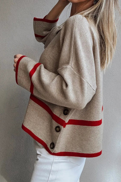 Cozy Relaxed Fit Taupe Ribbed Knit Sweater for Women with Button Side and Trendy Contrasting Stripes