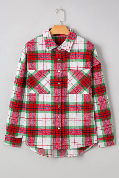 Cozy Women's Red Plaid Flannel Shacket for Holiday Gatherings, Casual Style, Perfect Fit for Christmas Celebrations