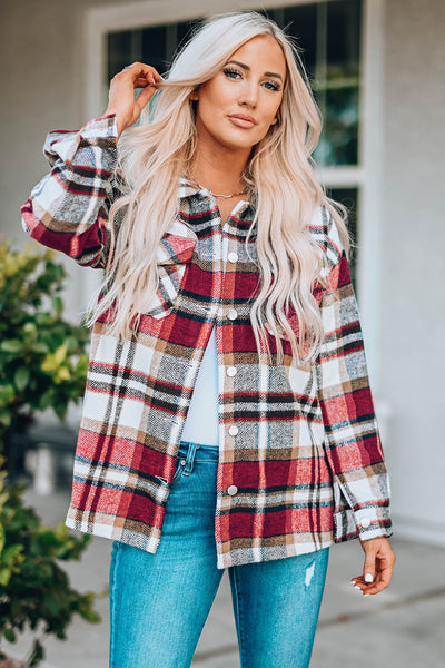 Chic Fiery Red Geometric Plaid Shacket for Women - Stylish Fall Layering Essential with Convenient Pockets
