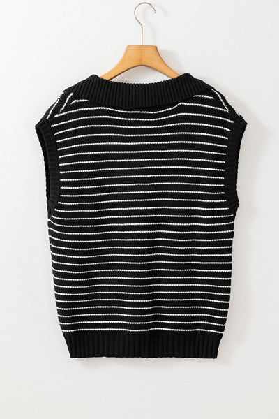 Chic Women's Black Striped V-Neck Sweater Tank Top - Stylish & Comfortable for Effortless Casual Looks