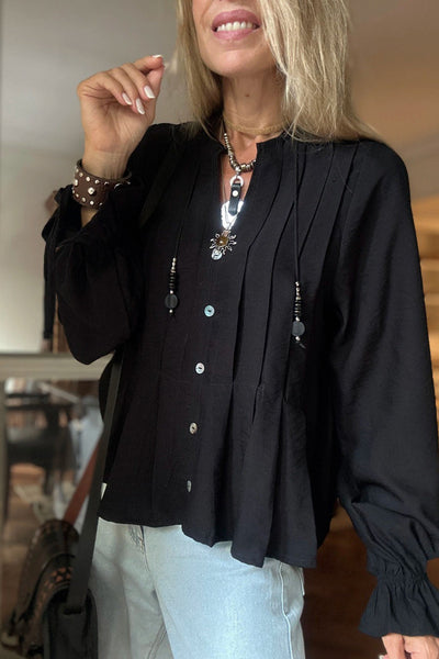 Chic Women's Black Pintuck Blouse with Button Front and Ruffled Sleeves - Relaxed Fit for Effortless Elegance