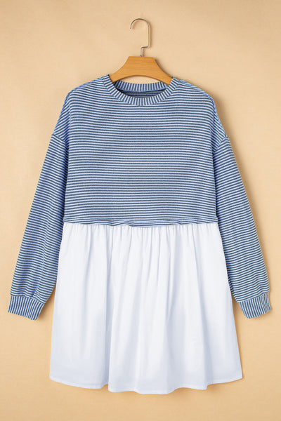 Women's Sky Blue Striped Patchwork Mini Dress with Pockets