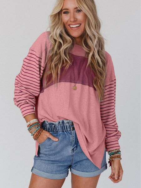 Peach Blossom Striped Bishop Sleeve Patchwork Top with Color Block