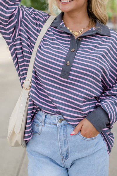 Women's Gray Stripe Ribbed Long Sleeve Polo Top with Contrast Collar - Stylish and Comfortable Casual Wear