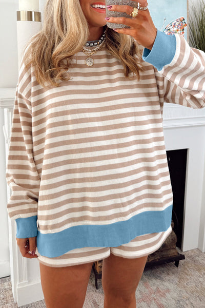 Plus Size Women's Khaki Stripe Contrast Edge Lounge Set with Drop Shoulder Pullover and Shorts for Comfort and Style