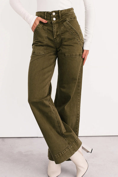 Women's Jungle Green Wide Leg Mica Denim Jeans - Effortlessly Chic Casual Fit for Everyday Style and Comfort