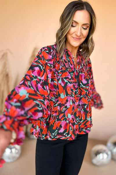Crimson Dahlia Smocked Floral Puff Sleeve V-Neck Blouse