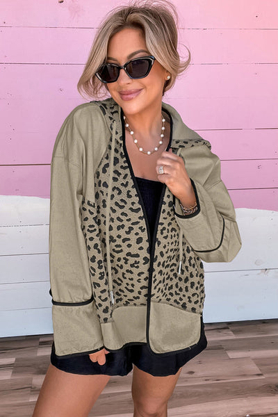 Chic Women's Khaki Leopard Star Hooded Jacket with Contrast Piping - Trendy Open Front for Effortless Layering