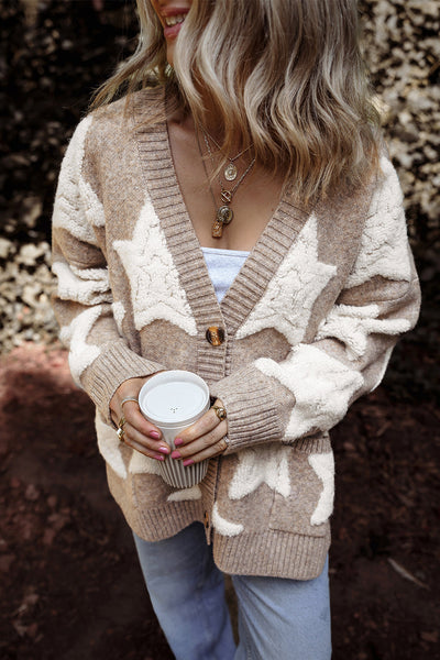Chic Women's Khaki Sherpa Cardigan with Star Pattern & Pockets - Cozy Textured Sweater for Casual Style