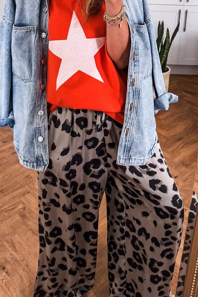 Women's Relaxed Fit Orange Silky Animal Print Wide Leg Trousers with Drawstring for Effortless Chic Style