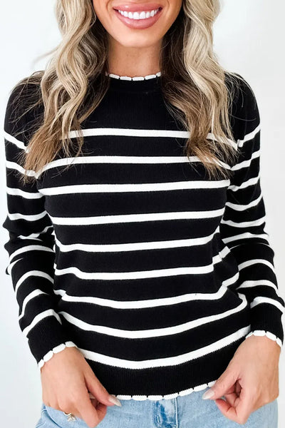 Chic Women's Black Striped Ribbed Knit Sweater with Contrast Trim - Cozy Round Neck Fit for Casual Everyday Style