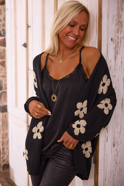 Women's Cozy Black Floral Print Knitted Cardigan - Open Front, Loose Fit for Casual Outings and Layering