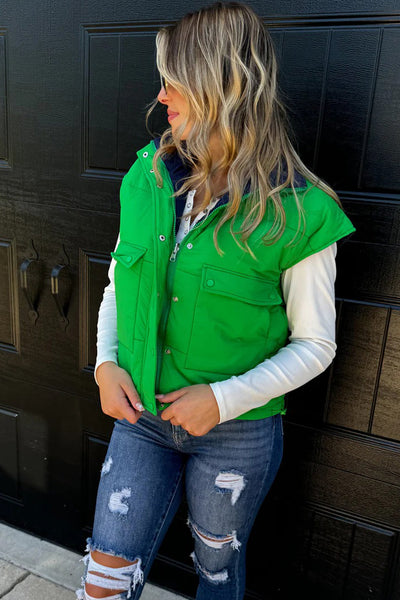 Women's Cozy Green Color Block Zip-Up Winter Vest with Snap Buttons - Stylish Layering Essential for Cold Weather
