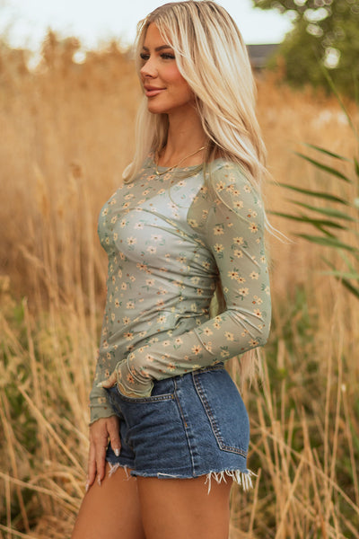 Women's Lightweight Floral Mesh Long Sleeve Top - Chic Spring/Summer Style for Effortless Casual Outfits