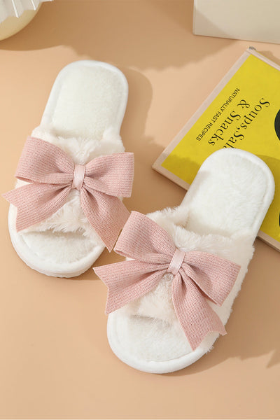 Women's Plush White Open-Toe Slippers with Dusty Rose Bow