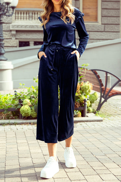 Chic Women's Navy Blue Velvet Ruffled Two-Piece Pants Set - Stylish Comfort for Casual and Dressy Events