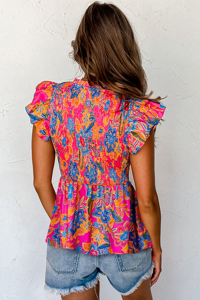 Women's Stylish Floral Print Blouse in Rose Red with Smocked Ruffle Trim and Flutter Sleeves for a Comfortable Fit
